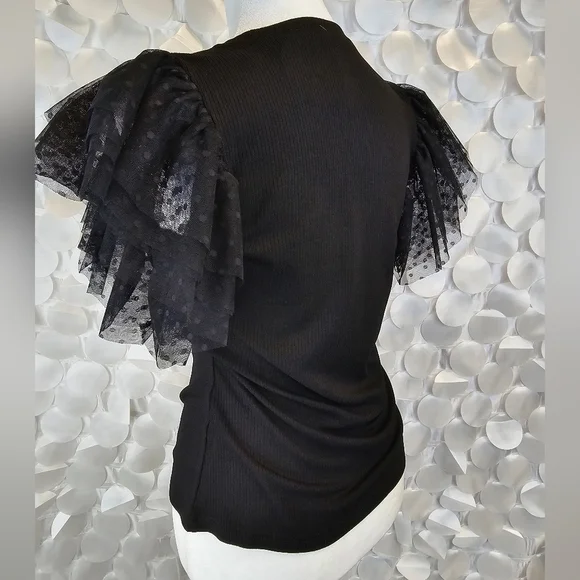 BLACK MESH RUFFLE SLEEVE KNIT TOP - Picture 4 of 4